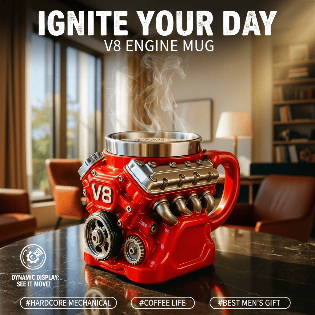 ⚡✨Retro V8 Engine Coffee Mug – Realistic Design, Stainless Steel Construction