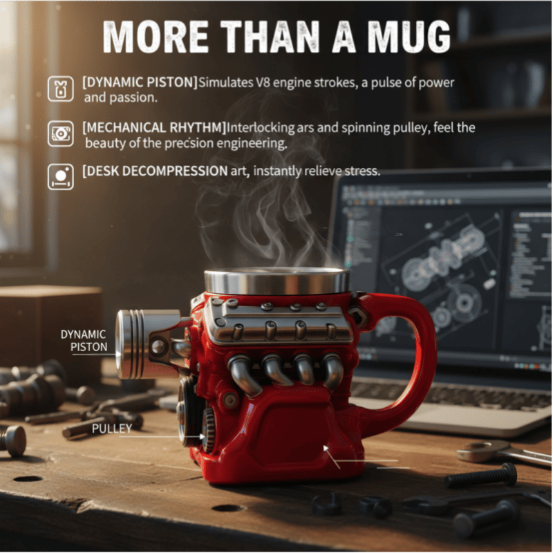 ⚡✨Retro V8 Engine Coffee Mug – Realistic Design, Stainless Steel Construction